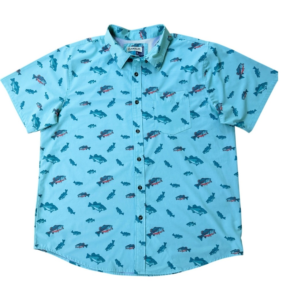 Magellan Outdoors Fish Gear Mens XL Blue Bass Print Fishing Shirt Short Sleeve
